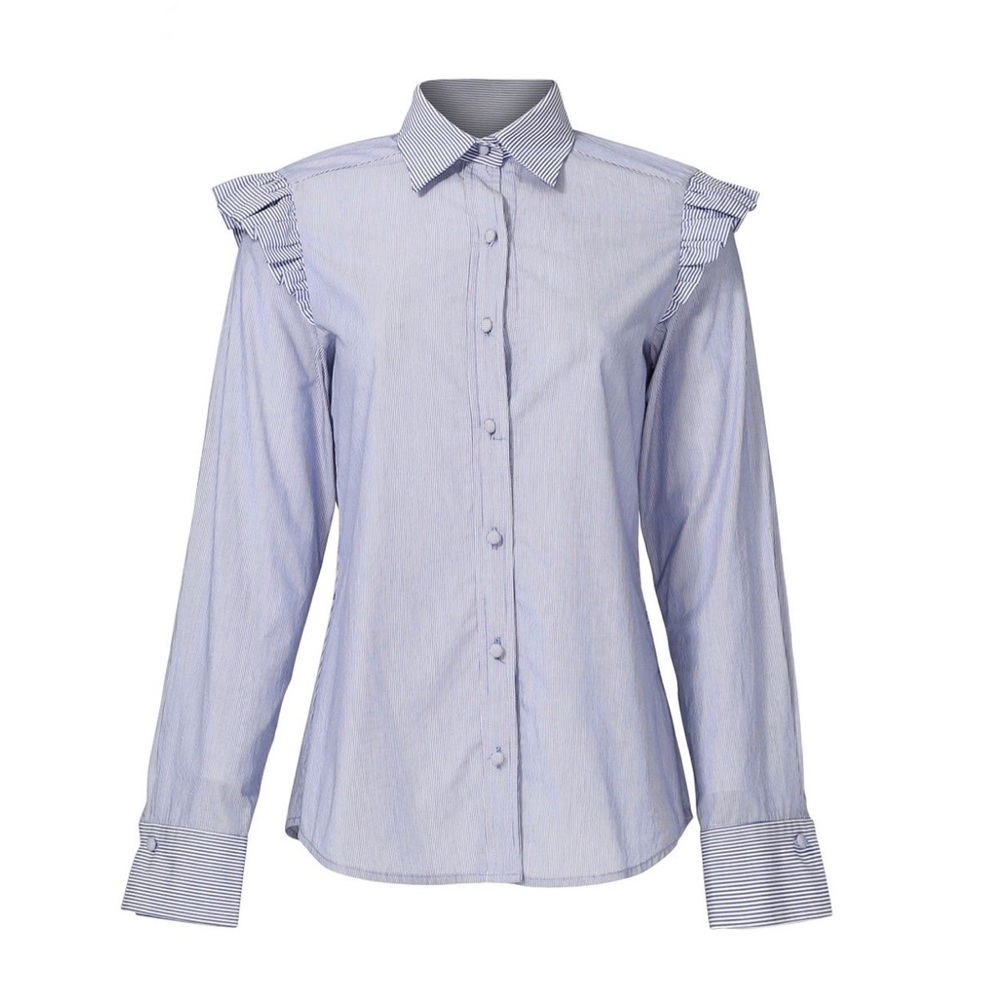 Harvey Faircloth Long‎ sleeve pinstripe ruffle shoulder button up shirt in blue
